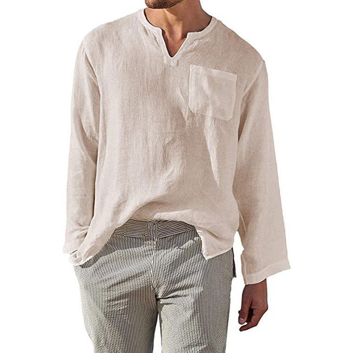 Herren Leinen Langarmshirt mit Henley-Ausschnitt und Brusttasche Echoarchiv