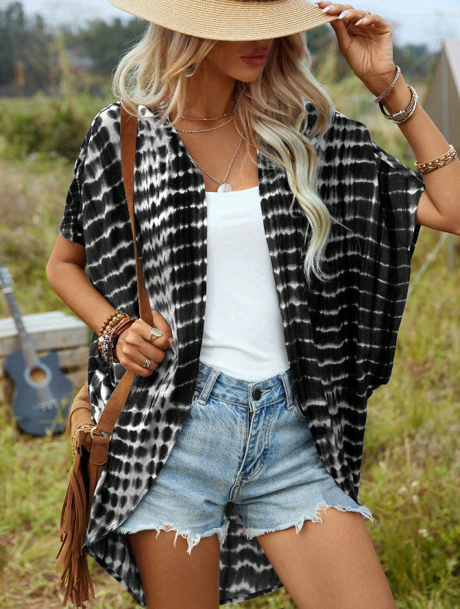 Damen Offener Leichter Kimono-Cardigan mit Batikmuster und Kurzarm Echoarchiv