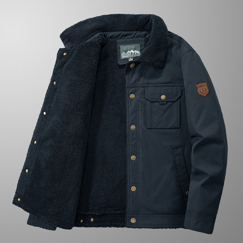Herren Sherpa-gefütterte Canvas-Truckerjacke mit Teddyfutter und Utility‑Taschen Echo Archiv