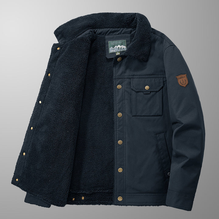 Herren Sherpa-gefütterte Canvas-Truckerjacke mit Teddyfutter und Utility‑Taschen Echo Archiv