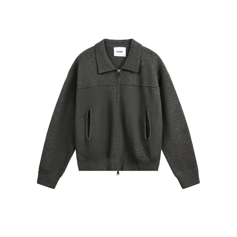 Herren Strick-Zipjacke mit Hemdkragen, Eingrifftaschen und geripptem Saum Echoarchiv