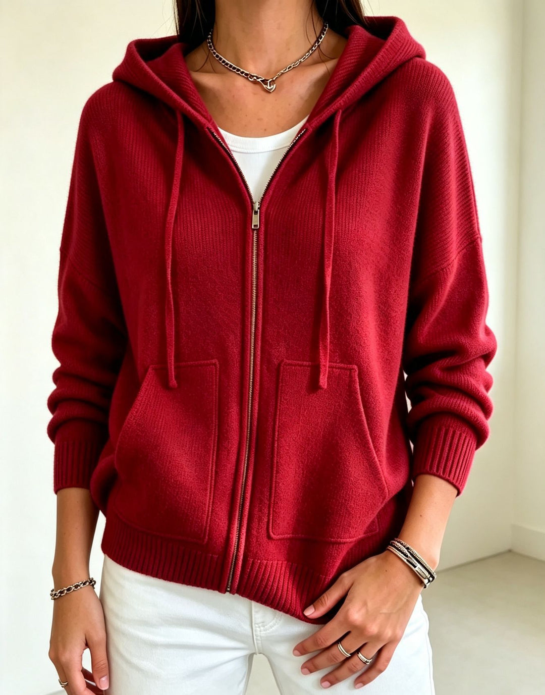Damen Kapuzen-Wollmix Zip-Cardigan mit kastiger Passform und Kängurutaschen – Auréline