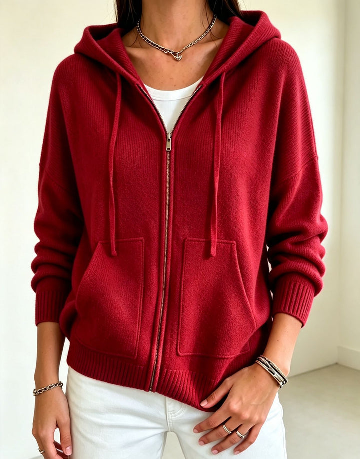 Damen Kapuzen-Wollmix Zip-Cardigan mit kastiger Passform und Kängurutaschen – Auréline