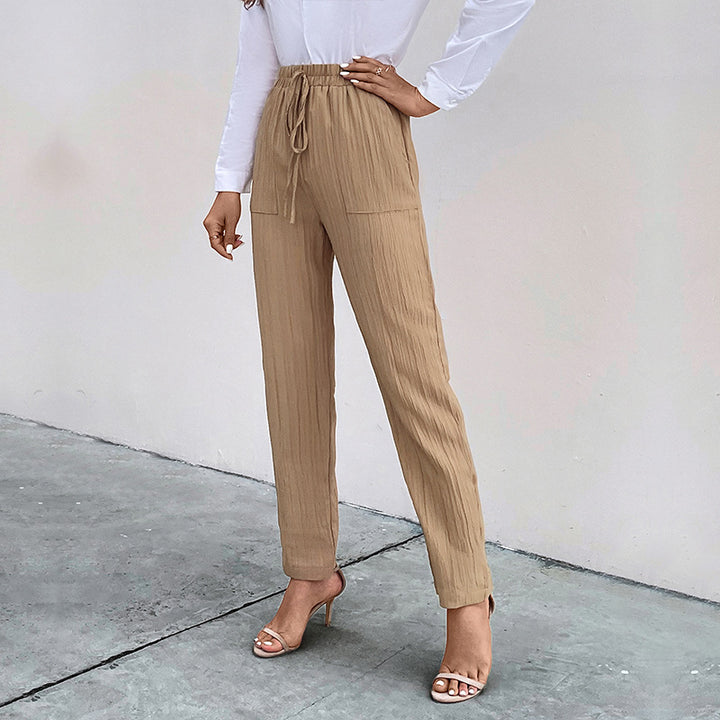 Damen Leichte Crinkle-Hose mit hohem Elastikbund, Tunnelzug und aufgesetzten Taschen Echoarchiv