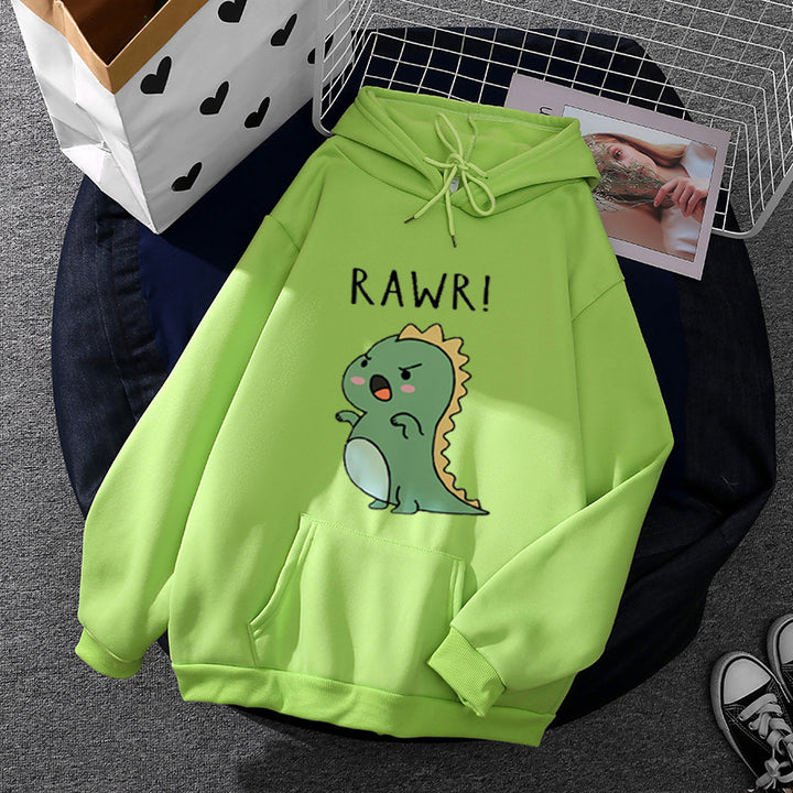 Damen Oversize-Kapuzenpullover mit kawaii Dinosaurier-Motiv, gerippten Bündchen und Kängurutasche – Auréline