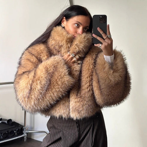 Damen Luxus-Kunstpelz-Cropped-Bomber mit Oversized-Ärmeln und hohem Schalkragen Echoarchiv