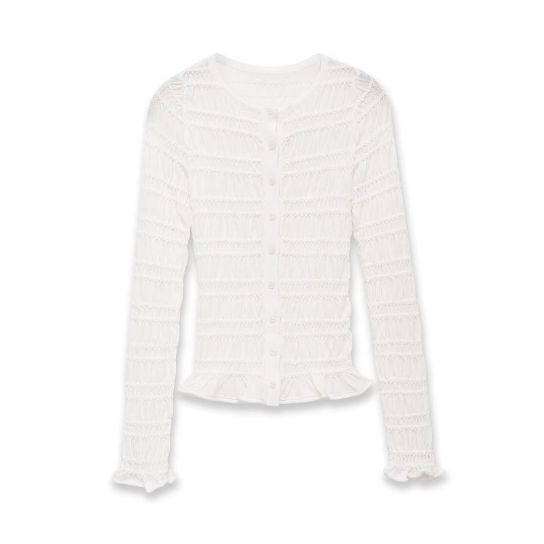 Damen Gesmoktes Feinstrick-Cardigan mit Rüschenabschluss und Knopfleiste Echo Archiv