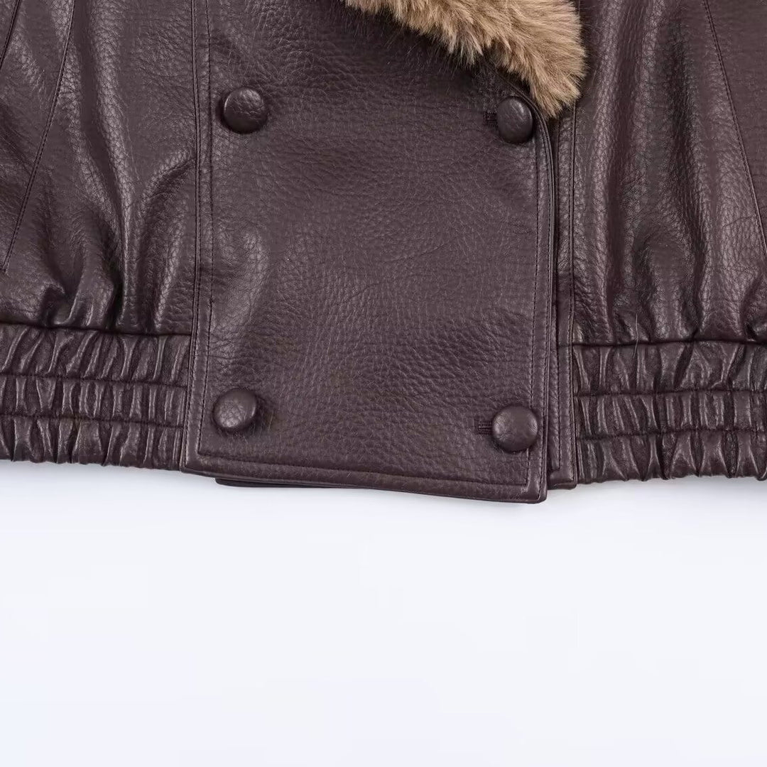 Damen Lederimitat Bomberjacke mit großem Kunstpelzkragen Echoarchiv