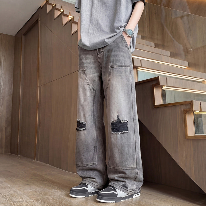 Herren Weite Baggy-Jeans mit Used‑Wash, Knie‑Rips & Utility‑Nähten Echoarchiv
