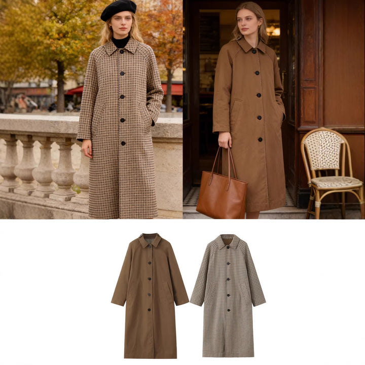 Damen langer minimalistischer Trenchcoat mit kariertem Innenfutter Echo Archiv