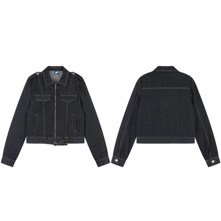 Damen Kurz geschnittene Jeansjacke mit Schulterklappen, Reißverschluss und Taillengürtel Echoarchiv
