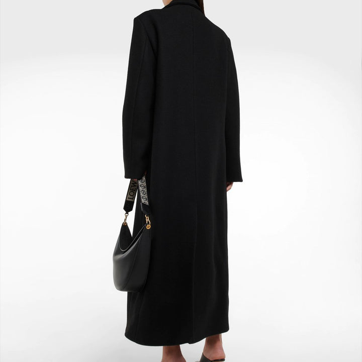 Damen Bodenlanger Longline Einreiher Wollmix-Mantel mit markanter Schulterpartie Echoarchiv
