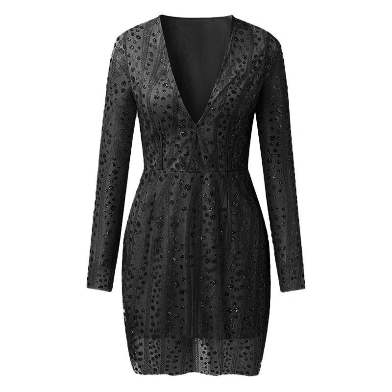 Damen Elegantes Cocktailkleid mit tiefem V-Ausschnitt und funkelnden Pailletten Echo Archiv
