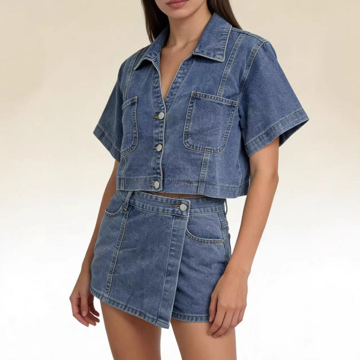 Damen kurz geschnittene Denim-Bluse mit zwei aufgesetzten Taschen Echo Archiv
