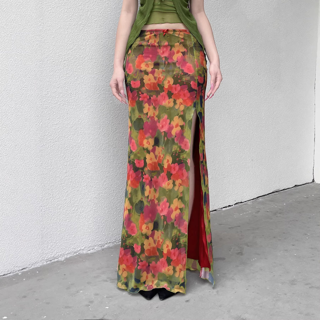 Damen Maxirock mit Chiffon-Overlay, floraler Allover-Print und hohem Seitenschlitz Echo Archiv