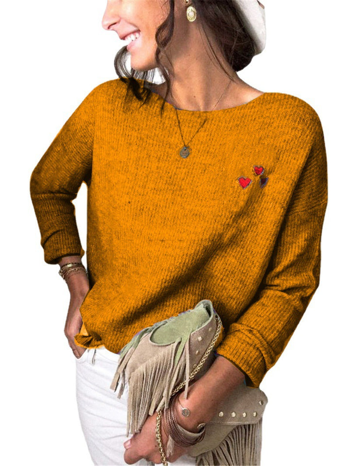 Damen Leichter Feinstrickpullover mit U-Boot-Ausschnitt, lockerem Sitz und Herzstickerei Echoarchiv