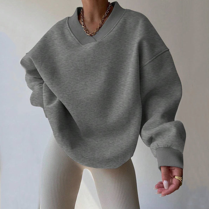 Damen Oversized V-Ausschnitt Sweatshirt mit verstärktem Rippkragen und extraweitem Cut – Avérine