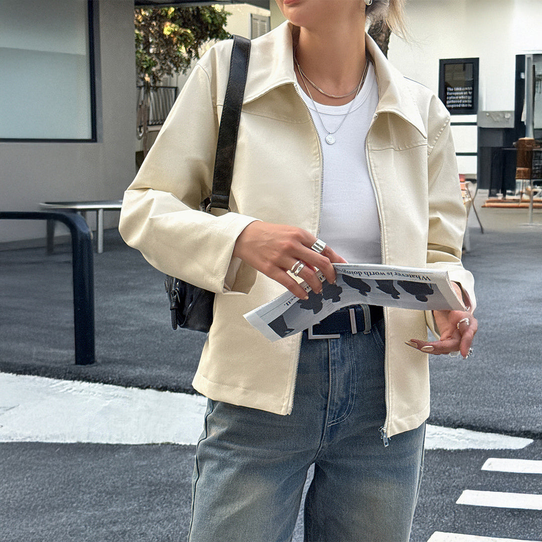 Damen elegante Kunstlederjacke mit Reißverschluss, Hemdkragen und Eingrifftaschen – Célinea