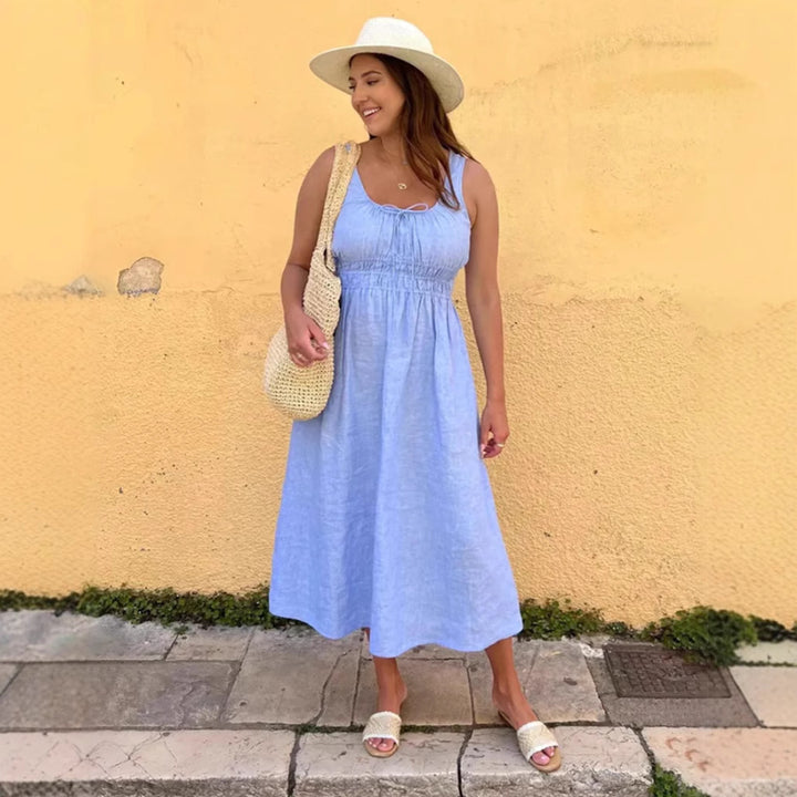 Damen nan midilanges Leinenoptik-Kleid mit Smokoberteil, elastischer Taillenpasse und breiten Trägern Echo Archiv