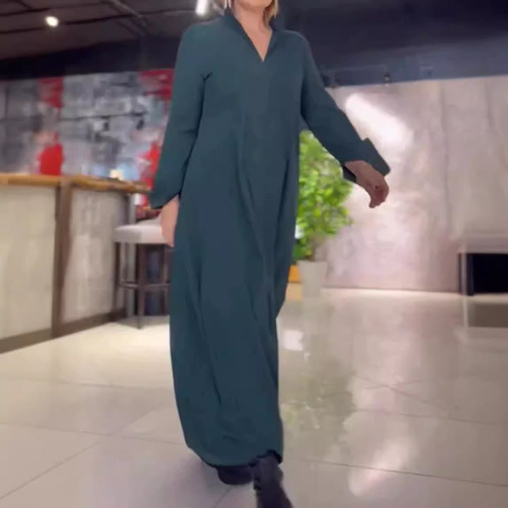Damen Lange Maxi Kleid mit Stehkragen, Seitentaschen und Lockerem Fall Echoarchiv