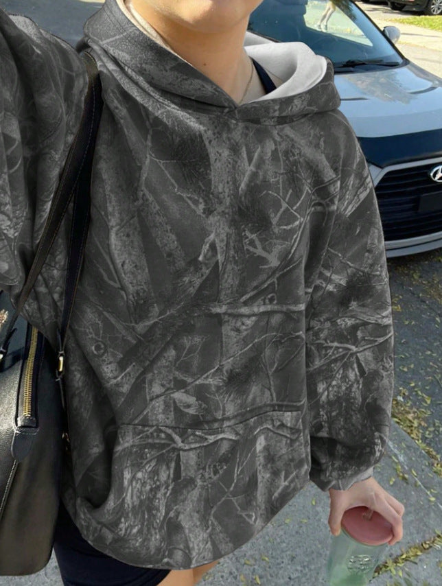 Damen Oversize Kapuzenpullover mit Naturmuster und Kängurutasche Echoarchiv