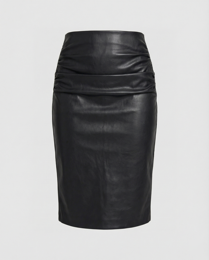 Damen Midi-Rock aus hochwertigem Leder mit Raffung – Rosévia