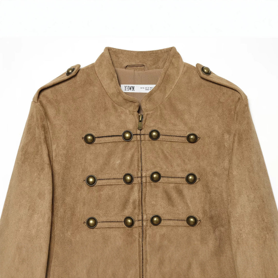 Damen Kurzblouson im Militärstil aus Velourslederoptik mit Reihen-Messingknöpfen Echo Archiv