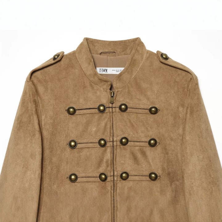 Damen Kurzblouson im Militärstil aus Velourslederoptik mit Reihen-Messingknöpfen Echo Archiv