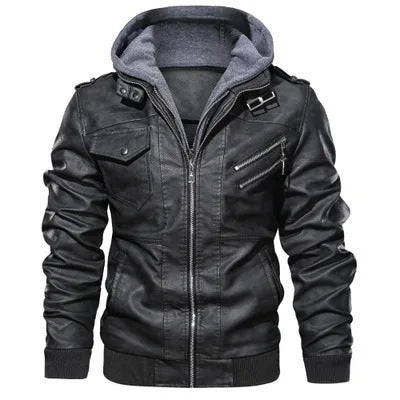 Herren Kunstlederjacke mit abnehmbarer Kapuze und effektiven Reißverschlusstaschen Echoarchiv
