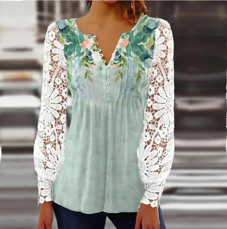 Damen Floral Viskosemischung Bluse mit Häkelärmel und V-Ausschnitt – Élovi