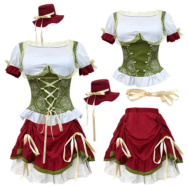 Damen nan kurzes Dirndl Trachtenkleid mit Schnürcorsage, Spitzenkragen und gerafftem Rock Echo Archiv