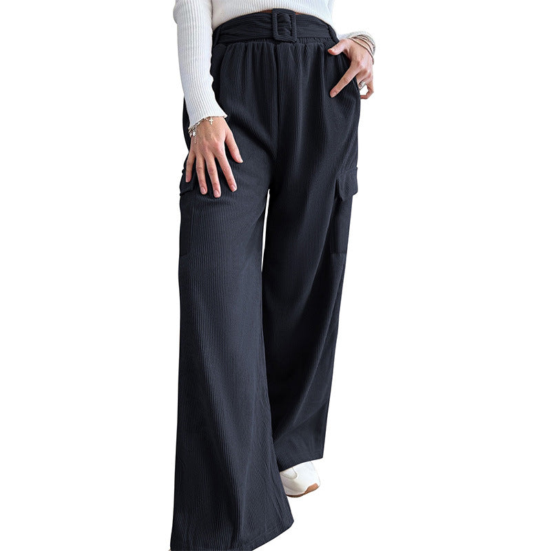 Damen Weite High-Waist-Hose mit Stoffgürtel und Cargo-Taschen Echoarchiv