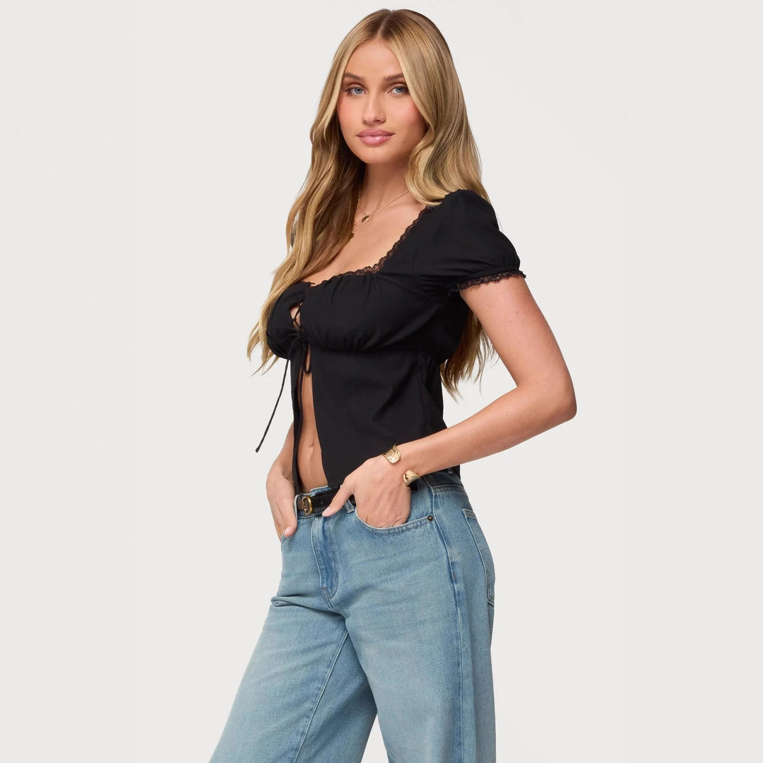 Damen Crop-Oberteil mit Spitzenbesatz und Schnürdetail Echo Archiv