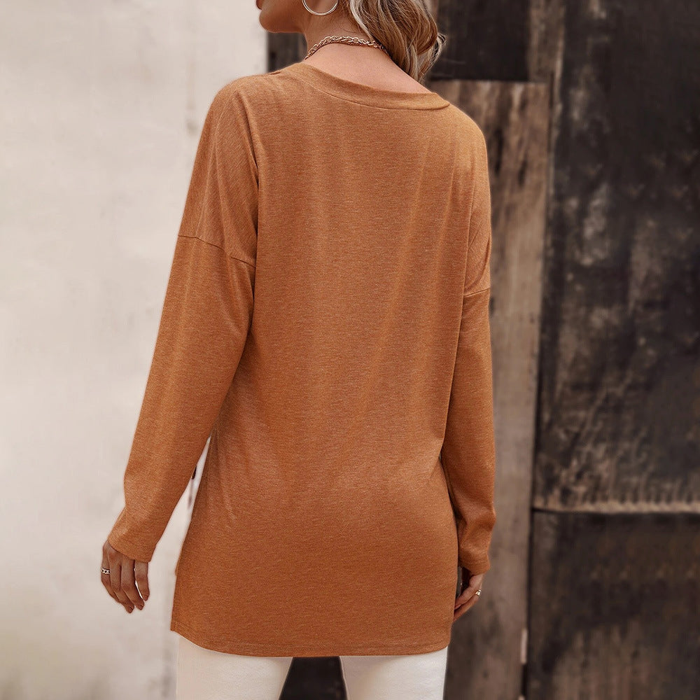 Damen lässige V-Neck Longsleeve-Tunika mit Seitenschlitzen und relaxed Fit – Avérine