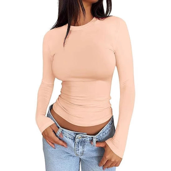 Damen Körpernahes Langarmshirt im Cropped-Look mit verlängerten Ärmeln und Daumenloch – Avérine