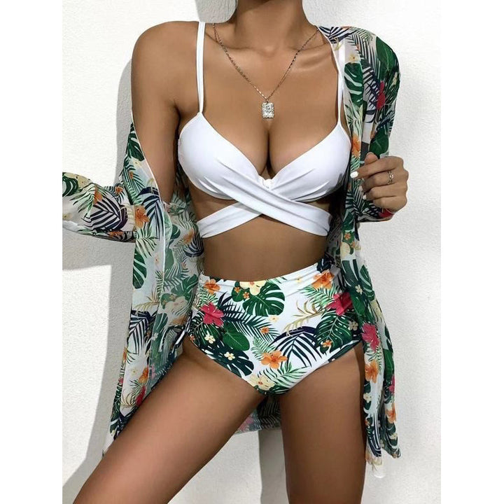 Damen Bikiniset mit floralem Kimono und hoch taillierter Hose Echo Archiv