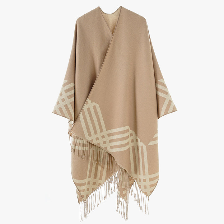 Damen Wollmix-Ruana im Rechteckschnitt mit grafischem Streifen-Jacquard und Fransen – Avérine