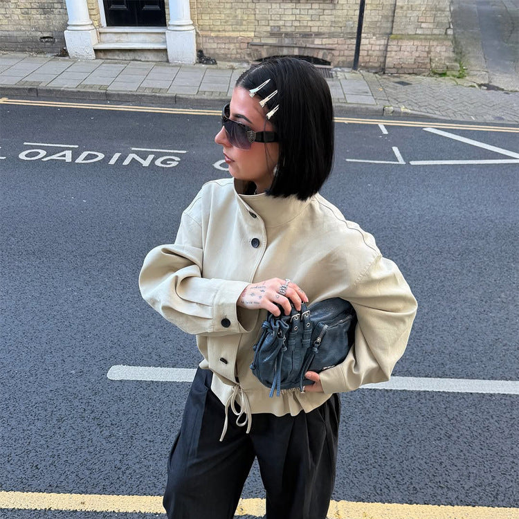 Damen Kurzgeschnittener Oversize-Canvas-Blouson mit Stehkragen Echoarchiv