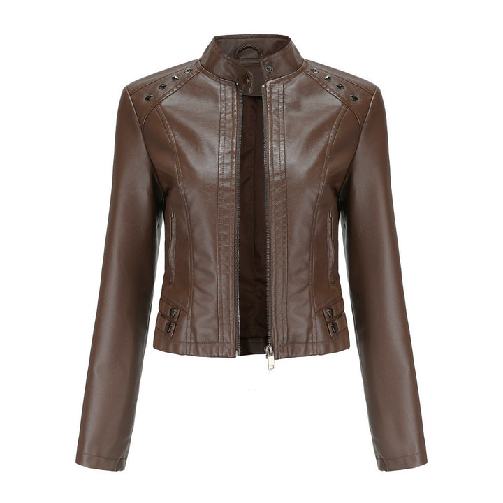 Damen nan kurze taillierte Kunstlederjacke mit Nietenbesatz und Stehkragen Echo Archiv