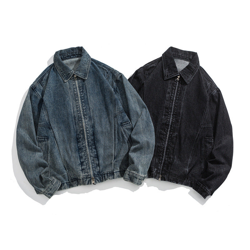 Unisex Kurz geschnittene Denim-Workerjacke mit durchgehendem Reißverschluss und kastiger Silhouette Echoarchiv