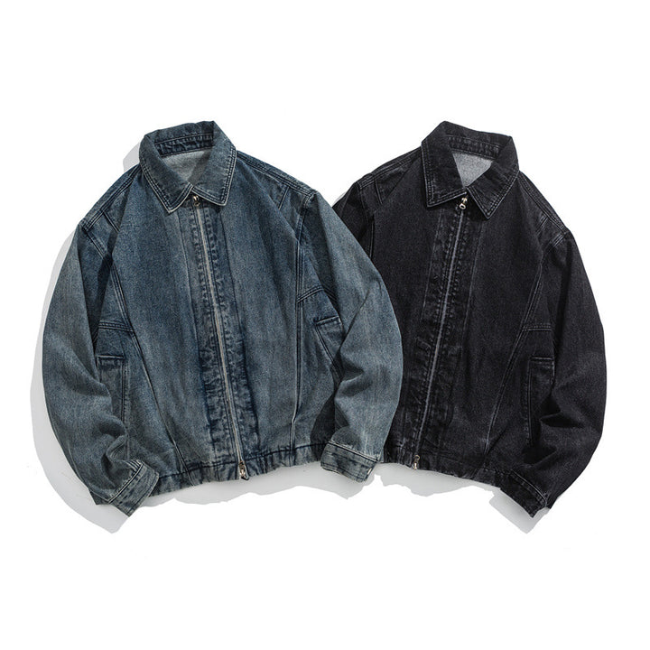 Unisex Kurz geschnittene Denim-Workerjacke mit durchgehendem Reißverschluss und kastiger Silhouette Echoarchiv