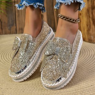 Damen Glitzer-Plateau-Slipper mit Schleifenapplikation und profilierter Komfortsohle Echo Archiv