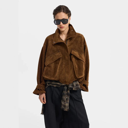 Damen Oversize Veloursleder-Blouson mit großen Pattentaschen und Stehkragen Echoarchiv