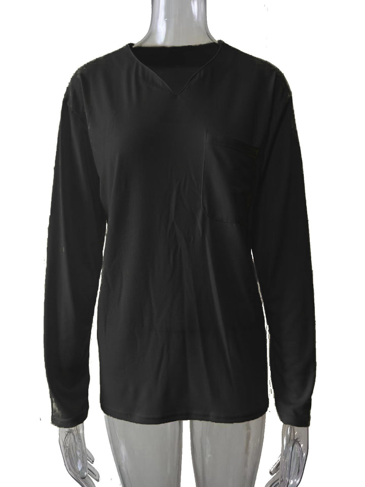 Damen nan legeres Langarmshirt mit V-Notch-Ausschnitt, Brusttasche und lockerer Oversize-Passform Echo Archiv