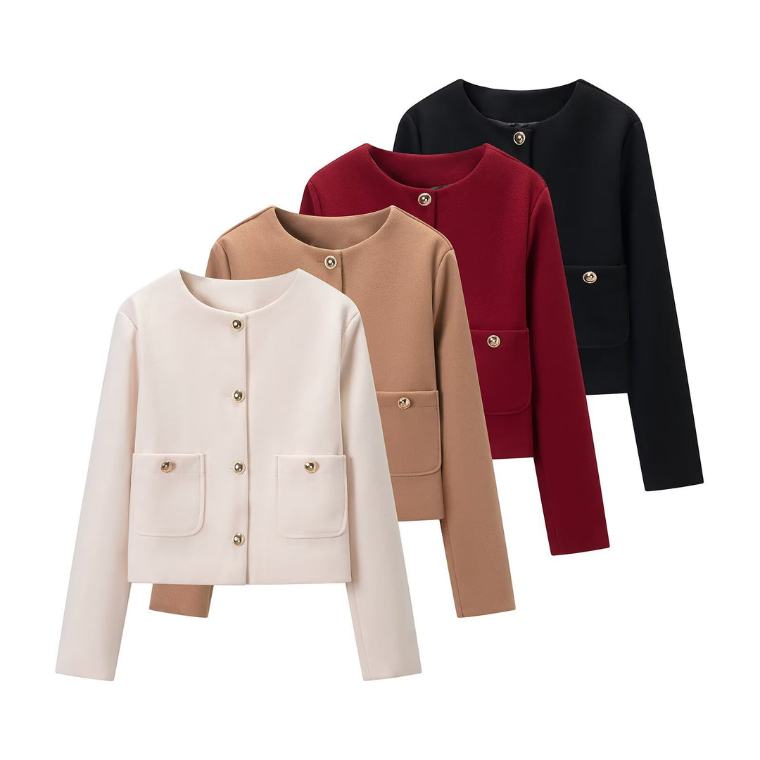 Damen Cropped Wollmix-Jacke mit Rundhalsausschnitt, aufgesetzten Taschen und goldfarbenen Zierknöpfen Echoarchiv