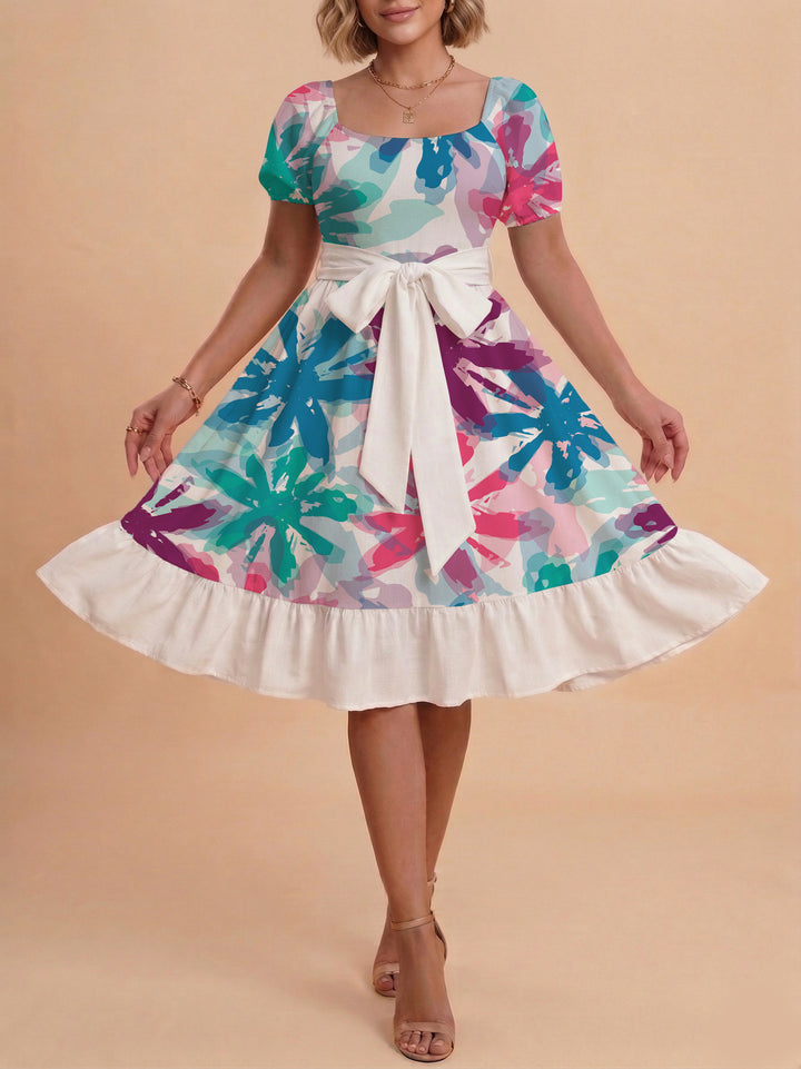 Damen Blumenkleid mit taillierbarem Gürtel und voluminösen Ärmeln Echo Archiv