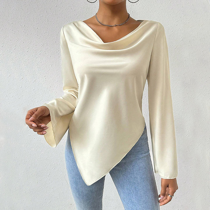 Damen Bluse mit Wasserfallkragen, weiten Trompetenärmeln und fließender Satinoptik – Élovi
