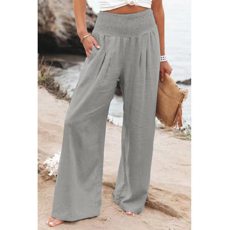 Frauen Weite Bein Smocked Hohe Taille Leinenmischung Hosen – Avélisse