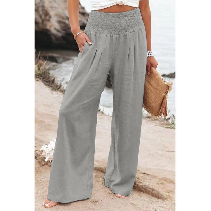 Frauen Weite Bein Smocked Hohe Taille Leinenmischung Hosen – Avélisse