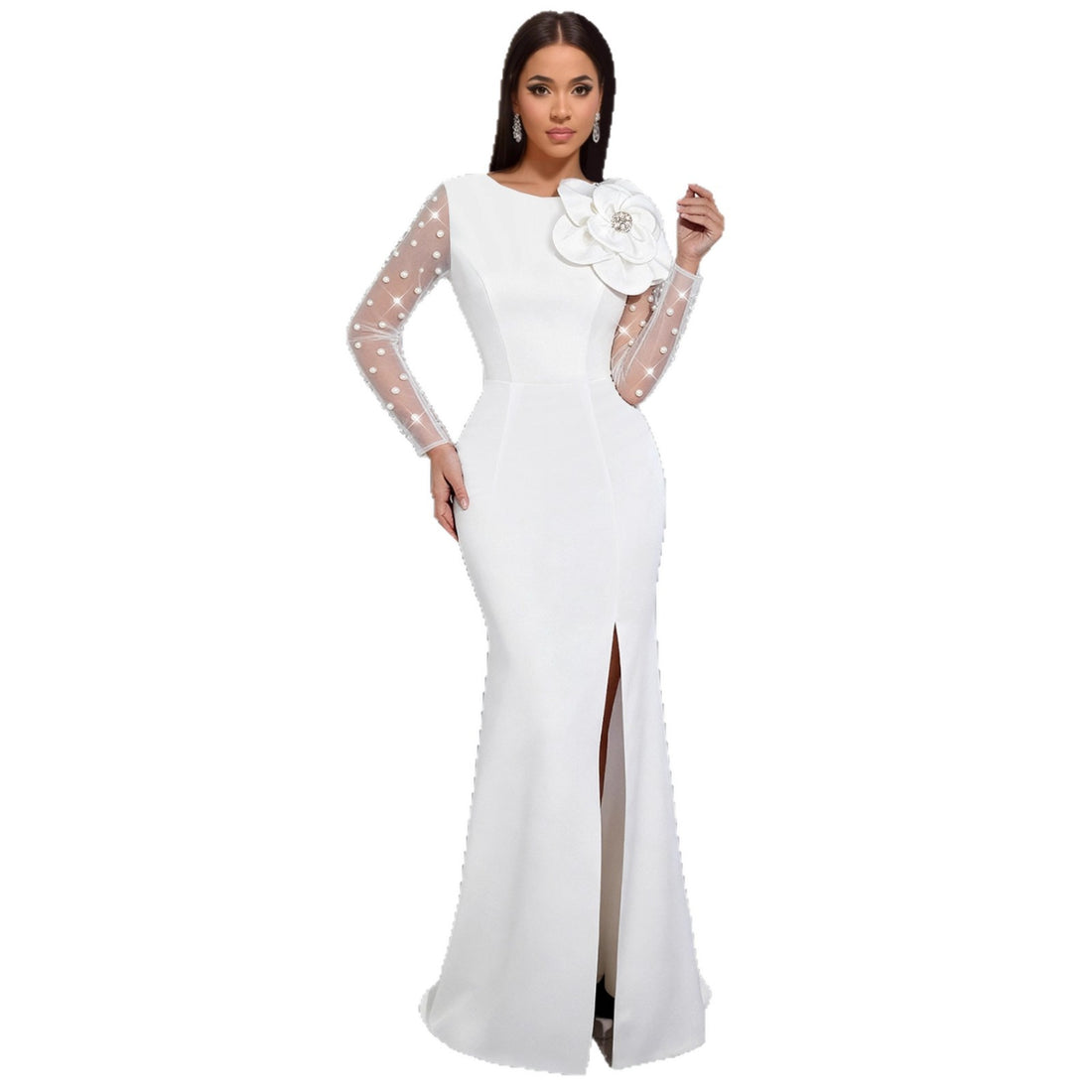 Damen Glamouröses Abendkleid mit taillierter Silhouette und transparenten Puffärmeln – Élara